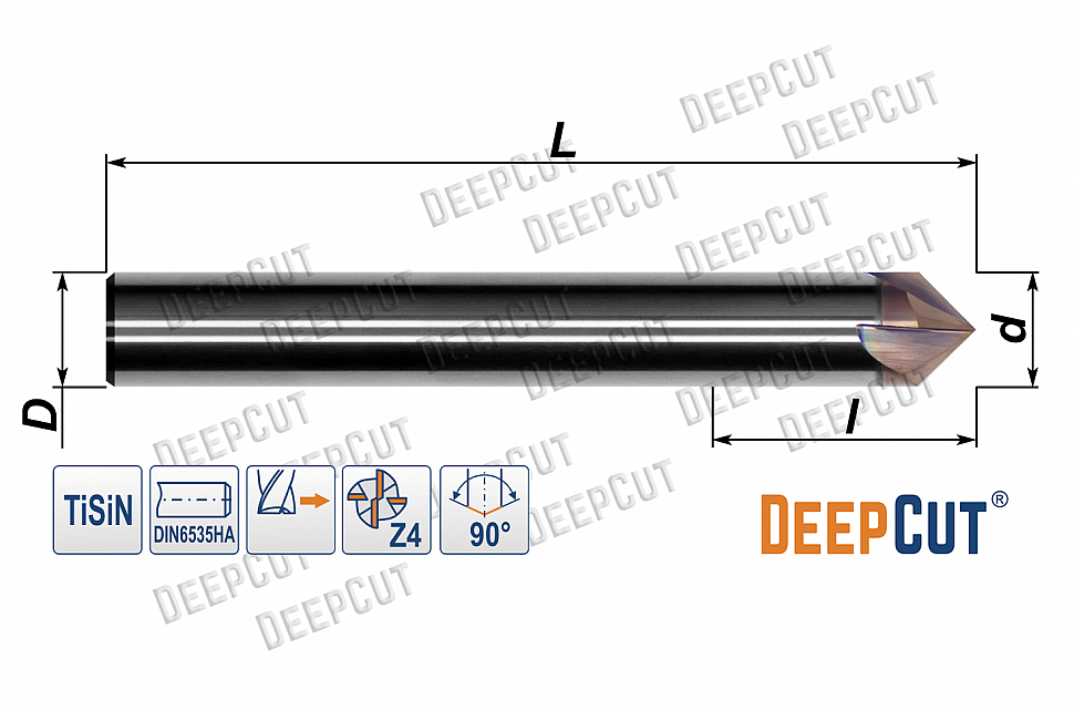 Фреза для снятия фасок твердосплавная 5 мм 90° Deepcut D90CM005 (Z=4, TiSiN) - Фреза для снятия фасок твердосплавная 5 мм 90° Deepcut D90CM005 (Z=4, TiSiN)