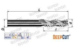 Фреза со стружколомом 12 мм по алюминию ALW12036D1275F3 (Z=3, 45°, ц/х, без покрытия)