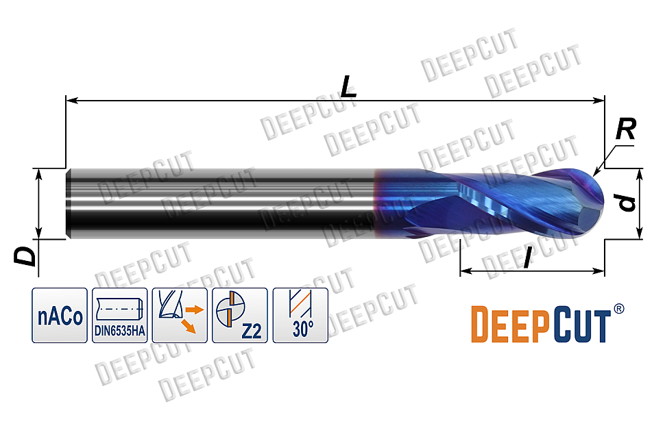 Фреза сферическая 2 мм твердосплавная D600B0204D0450F2 (Z=2, 30°, ц/х, nACo-blue) - Фреза сферическая 2 мм твердосплавная D600B0204D0450F2 (Z=2, 30°, ц/х, nACo-blue)