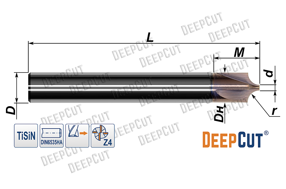 Фреза для радиусных фасок твердосплавная 4 мм R0.75 Deepcut DCR075F4 (Z=4, TiSiN) Фреза для радиусных фасок твердосплавная 4 мм R0.75 Deepcut DCR075F4 (Z=4, TiSiN) - Фреза для радиусных фасок твердосплавная 4 мм R0.75 Deepcut DCR075F4 (Z=4, TiSiN)