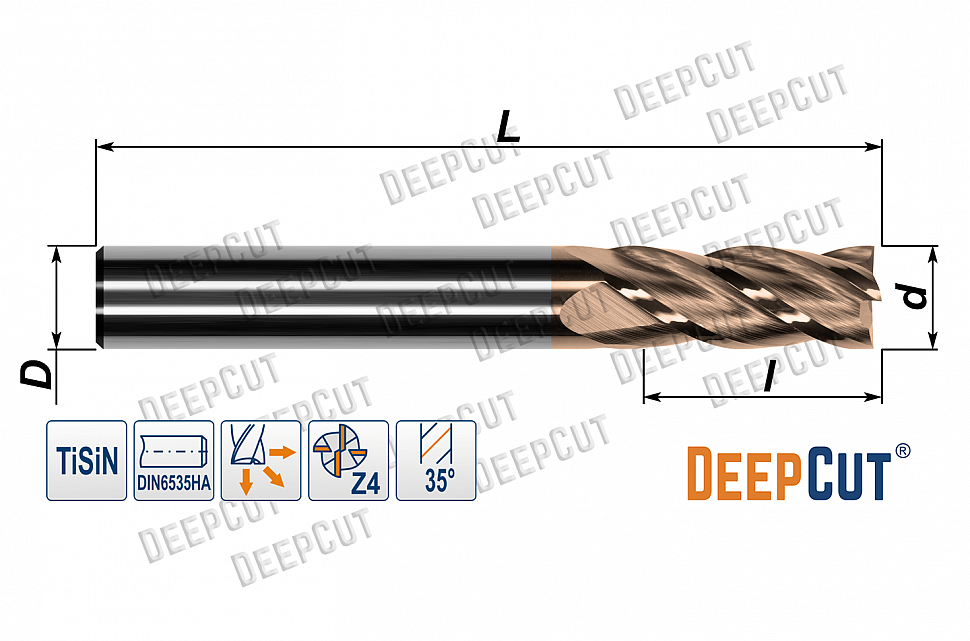 Фреза концевая 6 мм твердосплавная D550S0625D06100F4 (Z=4, 35°, ц/х, TiSiN) - Фреза концевая 6 мм твердосплавная D550S0625D06100F4 (Z=4, 35°, ц/х, TiSiN)