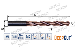 Сверло твердосплавное с каналами СОЖ 5.0 мм Deepcut SDС5X050D6 (5xD TiSiN DIN6537L)